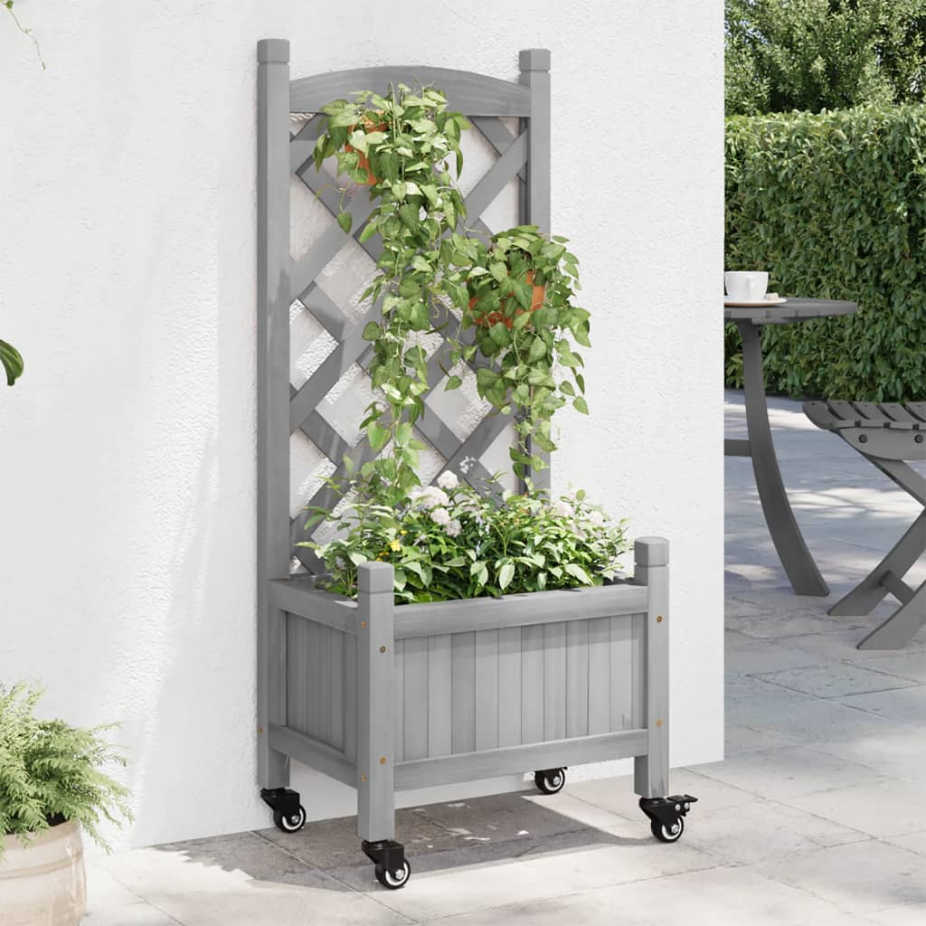 Plantenbak Massief Vurenhout Grijs 40 x 30 x 97.5 cm met latwerk en wielen