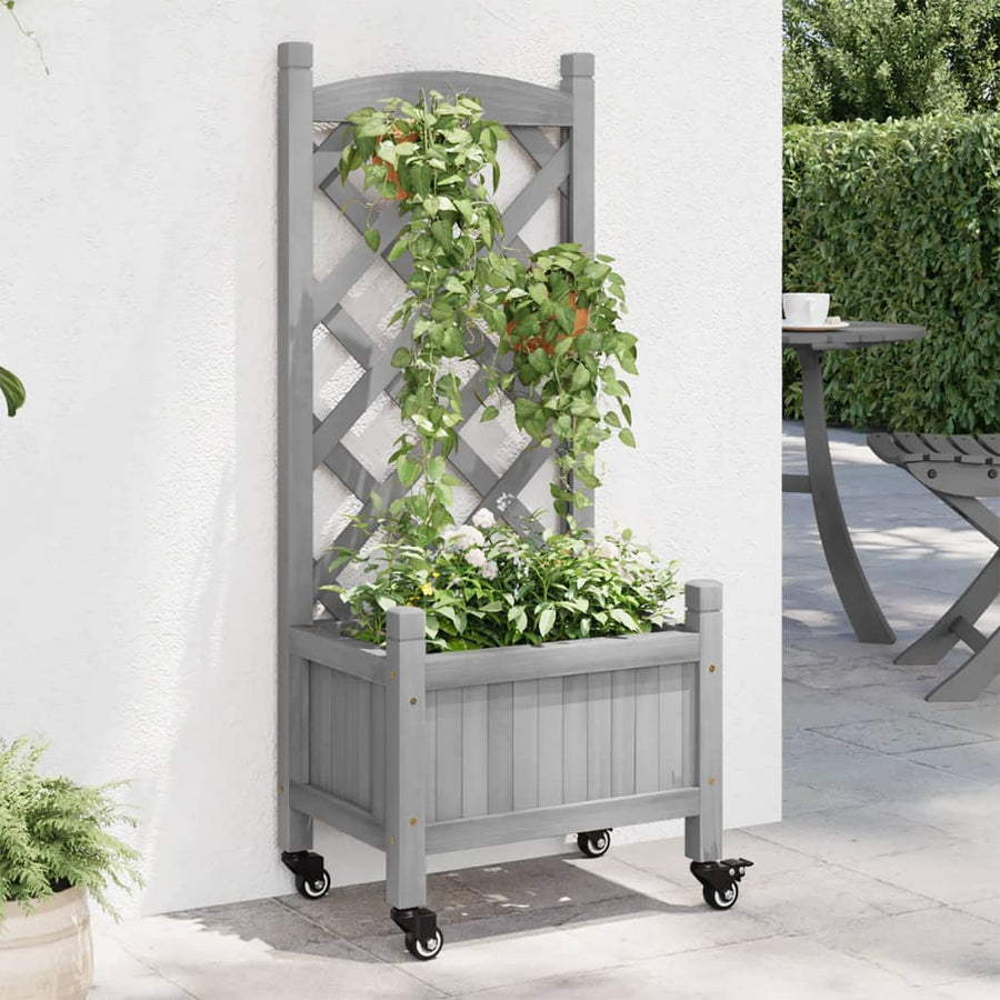 Plantenbak Massief Vurenhout Grijs 40 x 30 x 97.5 cm met latwerk en wielen