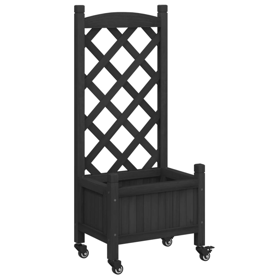 Plantenbak Massief Vurenhout Zwart 40 x 30 x 97.5 cm met latwerk en wielen