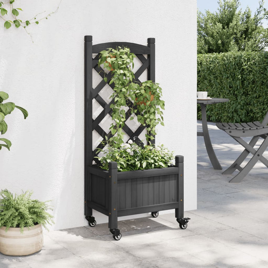 Plantenbak Massief Vurenhout Zwart 40 x 30 x 97.5 cm met latwerk en wielen