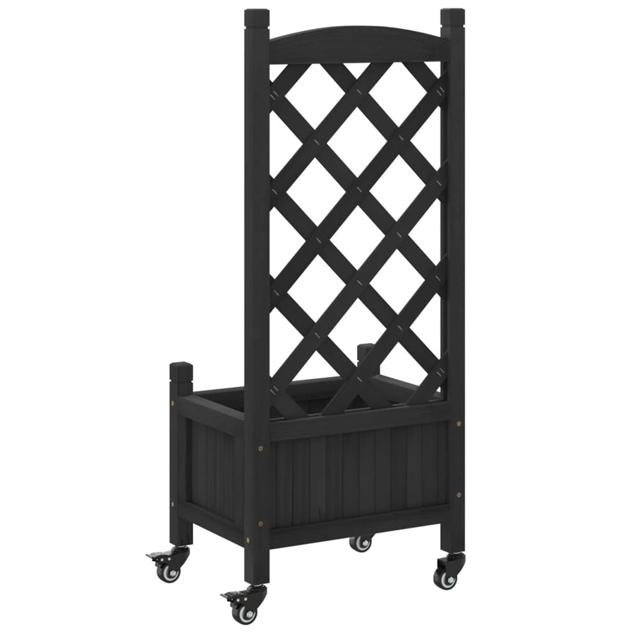 Plantenbak Massief Vurenhout Zwart 40 x 30 x 97.5 cm met latwerk en wielen