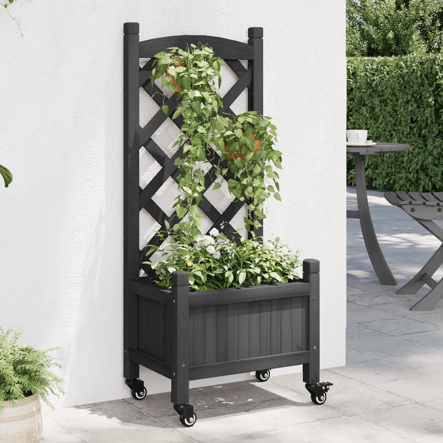 Plantenbak Massief Vurenhout Zwart 40 x 30 x 97.5 cm met latwerk en wielen