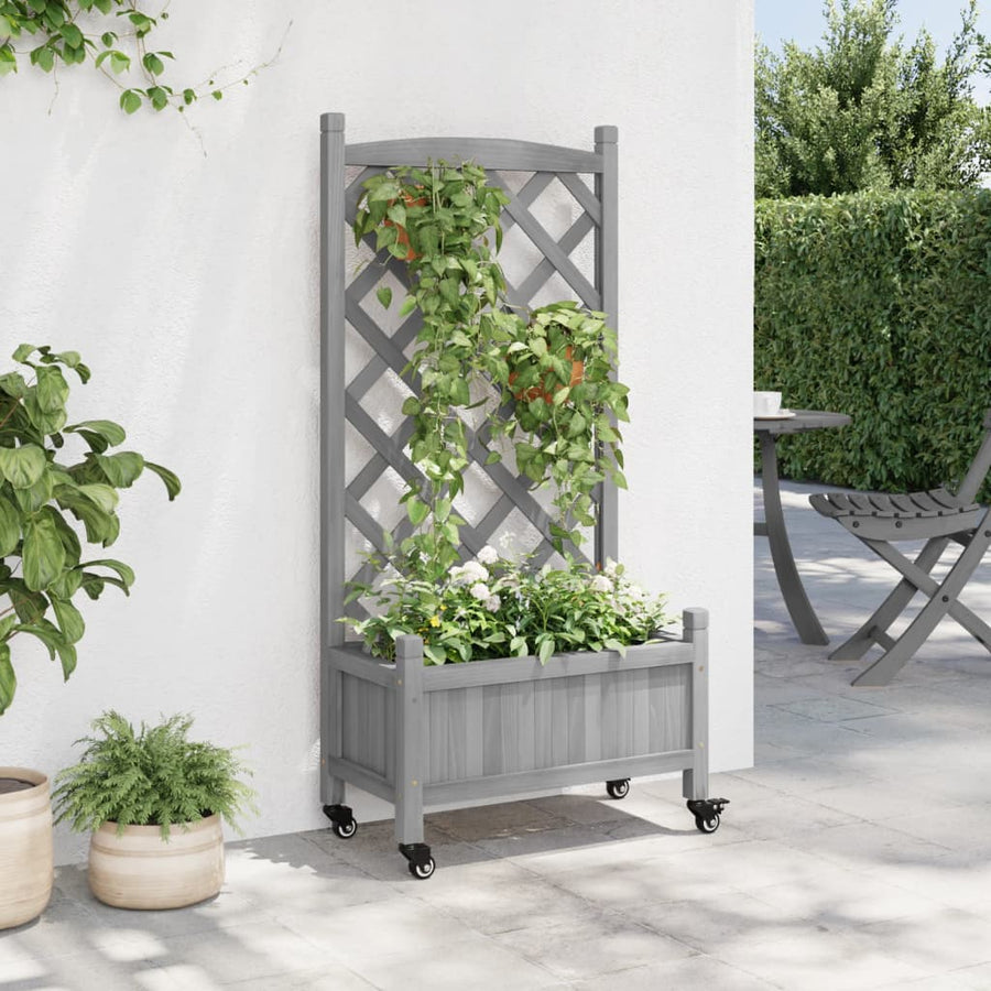 Plantenbak Massief Vurenhout Grijs 55 x 29.5 x 117.5 cm met latwerk en wielen