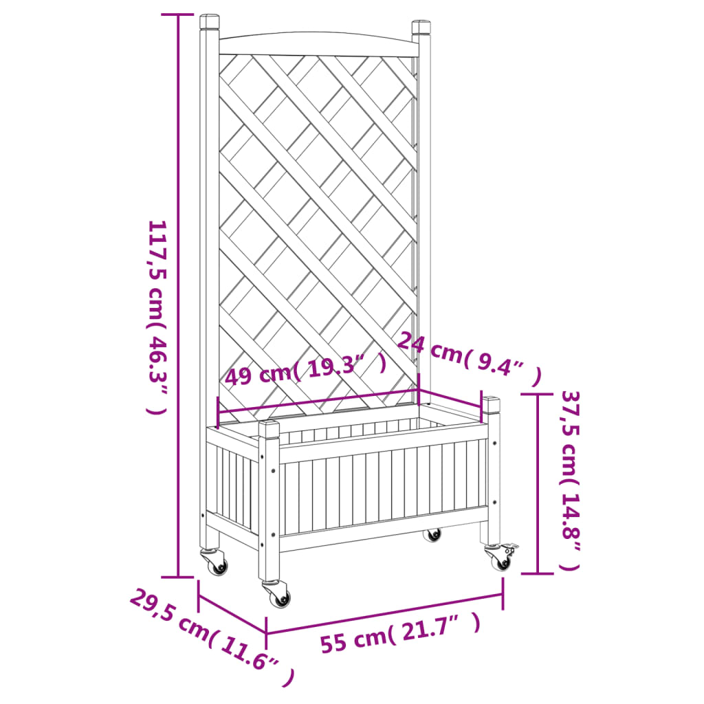 Plantenbak Massief Vurenhout Grijs 55 x 29.5 x 117.5 cm met latwerk en wielen
