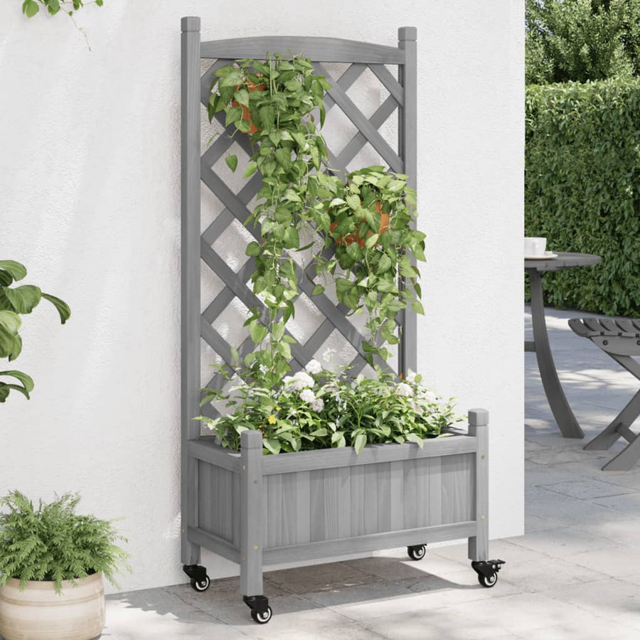 Plantenbak Massief Vurenhout Grijs 55 x 29.5 x 117.5 cm met latwerk en wielen