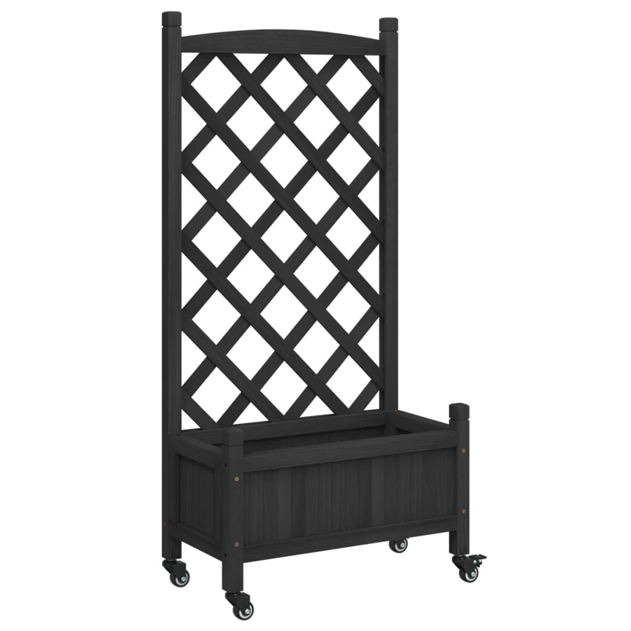 Plantenbak Massief Vurenhout Zwart 55 x 29.5 x 117.5 cm met latwerk en wielen