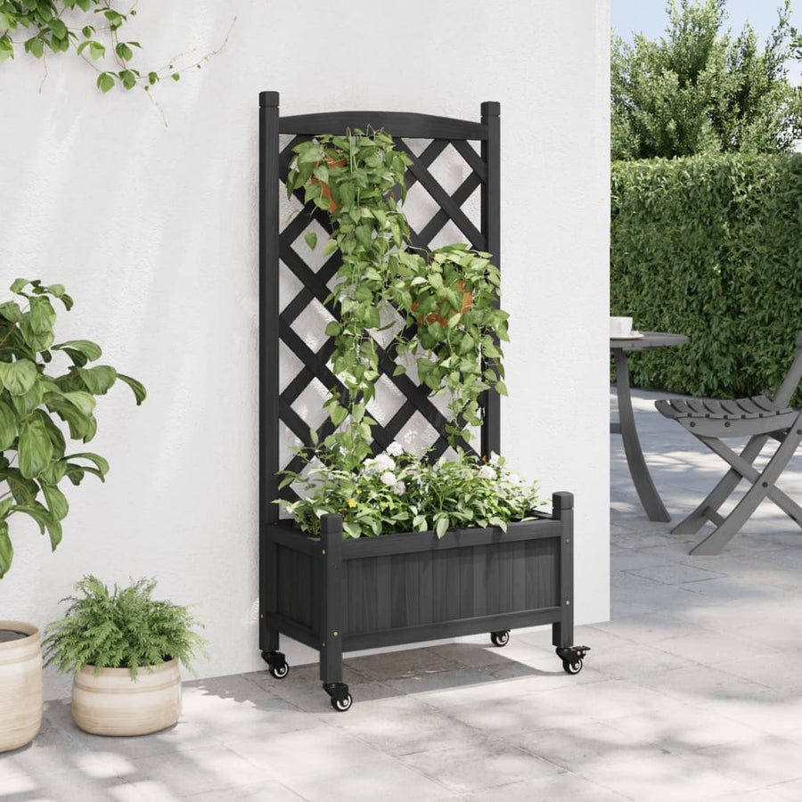 Plantenbak Massief Vurenhout Zwart 55 x 29.5 x 117.5 cm met latwerk en wielen