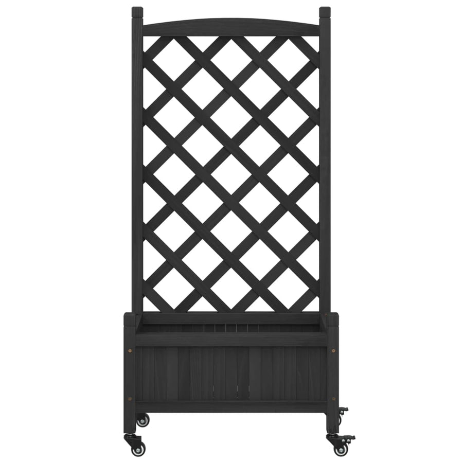 Plantenbak Massief Vurenhout Zwart 55 x 29.5 x 117.5 cm met latwerk en wielen