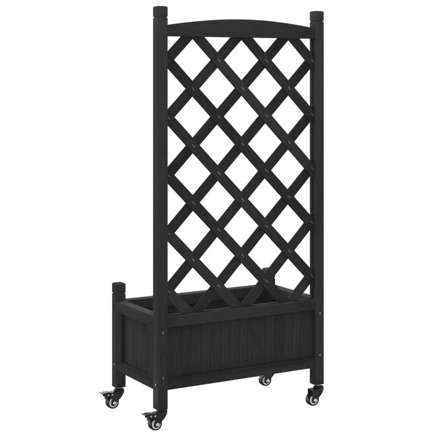 Plantenbak Massief Vurenhout Zwart 55 x 29.5 x 117.5 cm met latwerk en wielen