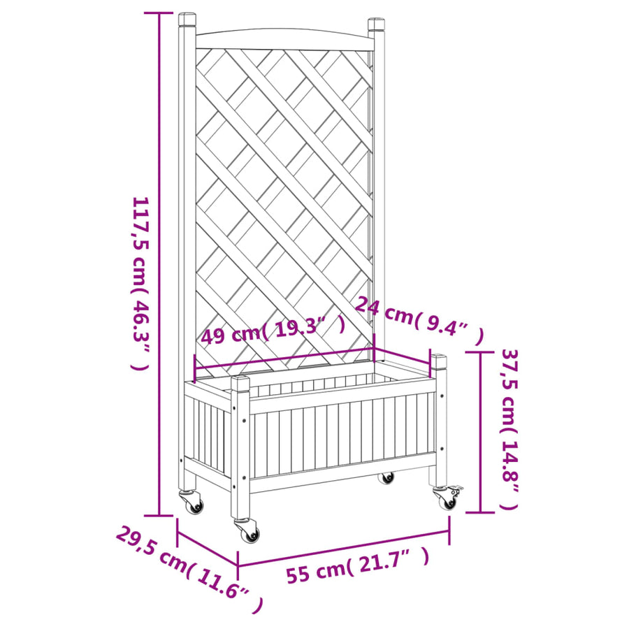 Plantenbak Massief Vurenhout Zwart 55 x 29.5 x 117.5 cm met latwerk en wielen