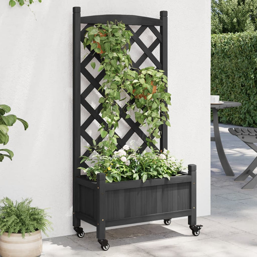 Plantenbak Massief Vurenhout Zwart 55 x 29.5 x 117.5 cm met latwerk en wielen