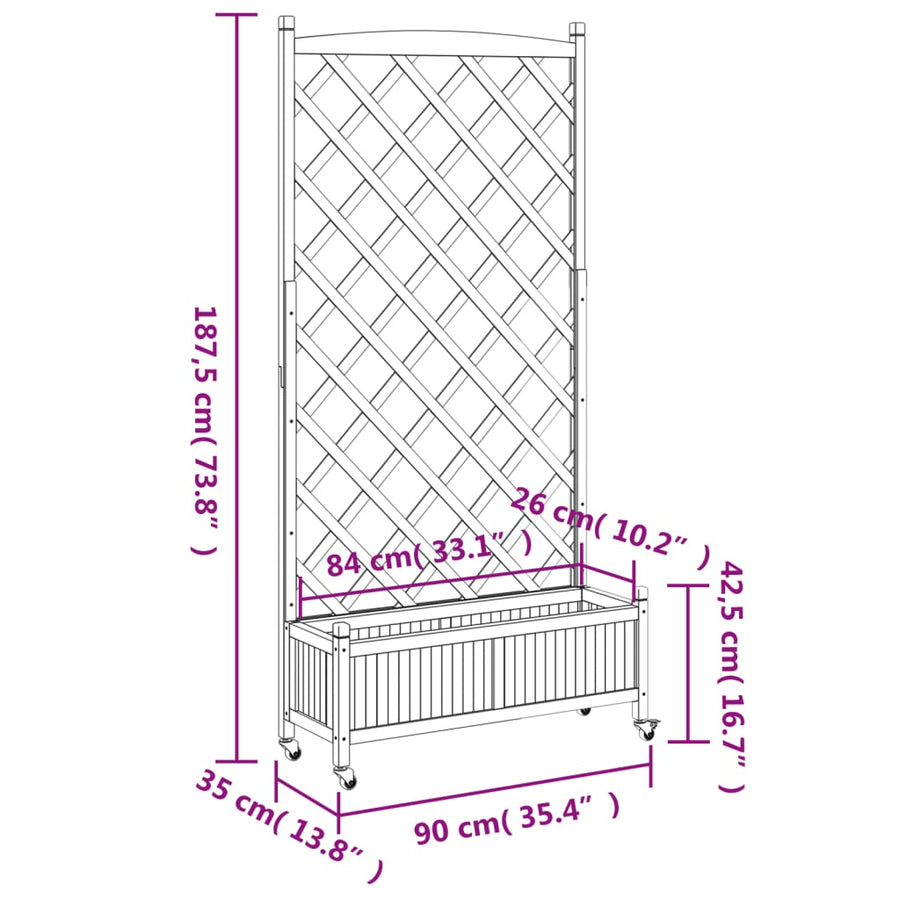 Plantenbak Massief Vurenhout Grijs 90 x 35 x 187.5 cm met latwerk en wielen