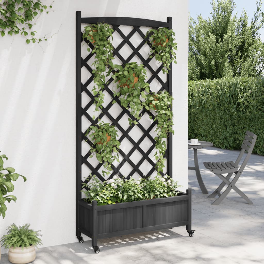 Plantenbak Massief Vurenhout Zwart 90 x 35 x 187.5 cm met latwerk en wielen