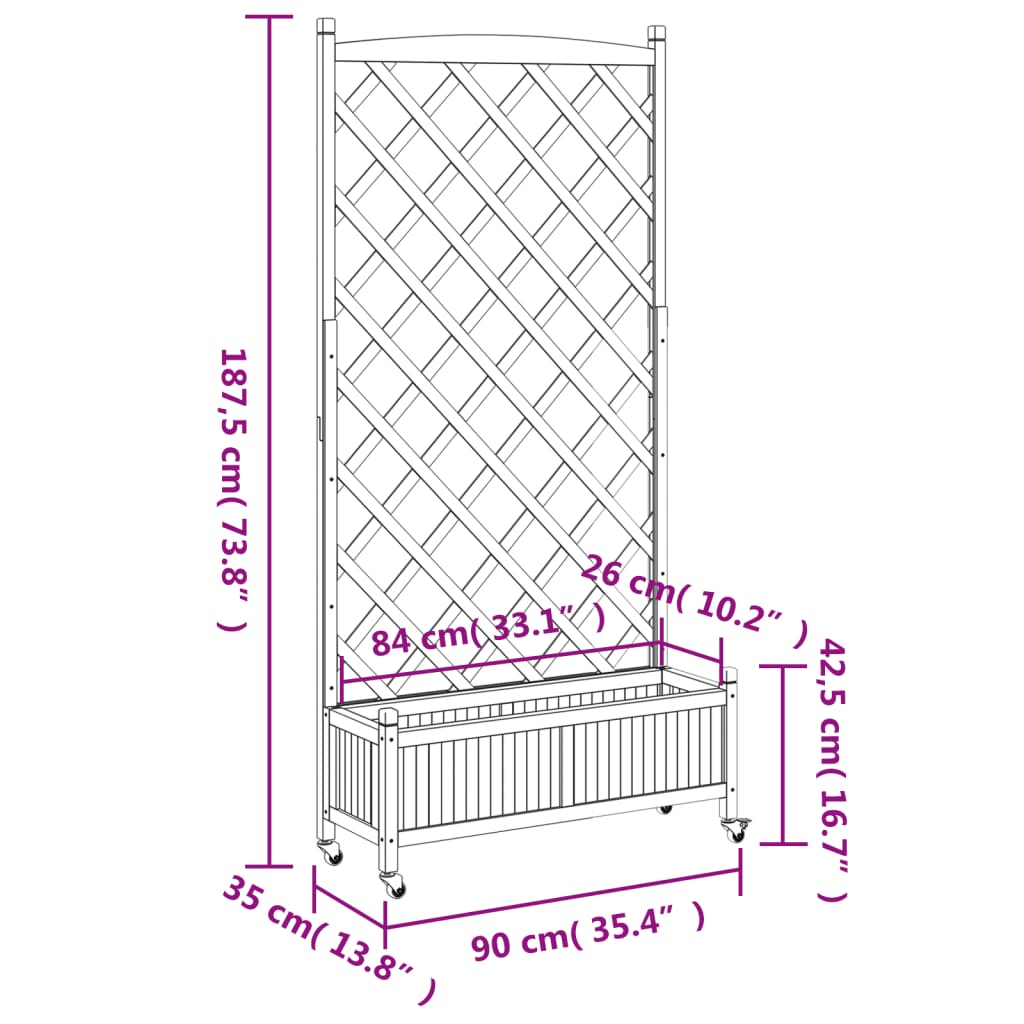 Plantenbak Massief Vurenhout Zwart 90 x 35 x 187.5 cm met latwerk en wielen
