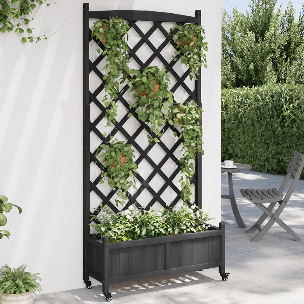 Plantenbak Massief Vurenhout Zwart 90 x 35 x 187.5 cm met latwerk en wielen