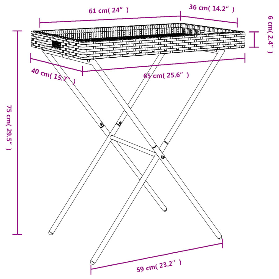 Dienbladtafel inklapbaar 65x40x75 cm poly rattan Grijs