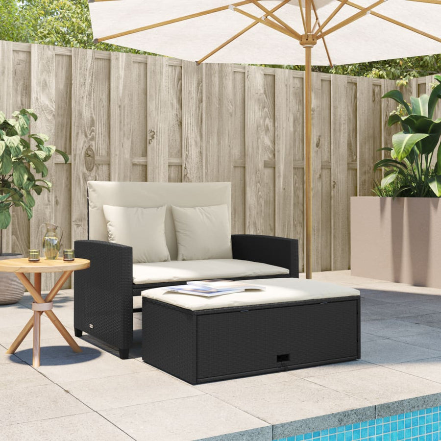 Tuinbank 2-Zits Met Kussens Poly Rattan Zwart en crème