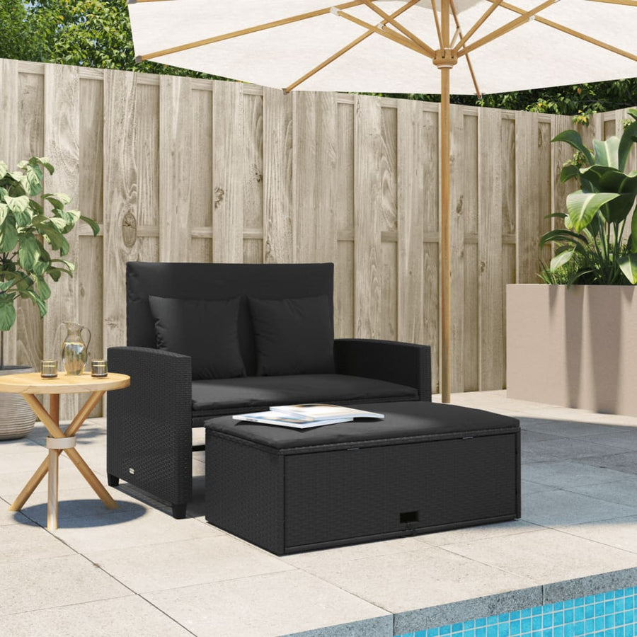 Tuinbank 2-Zits Met Kussens Poly Zwart Rattan