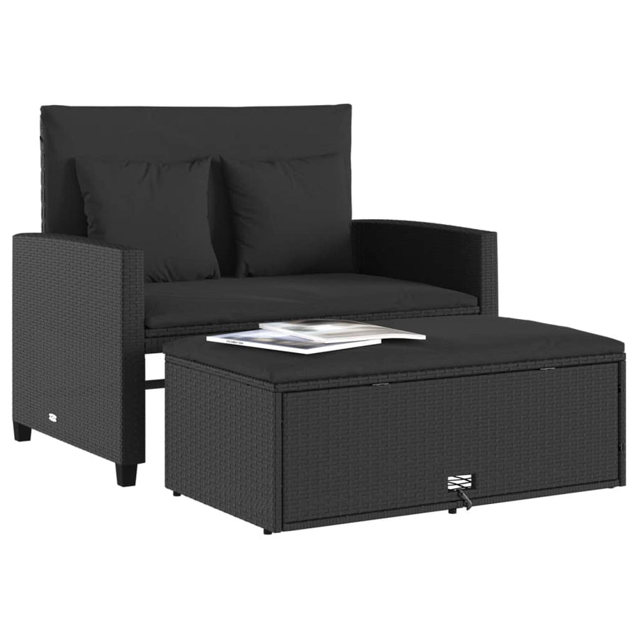 Tuinbank 2-Zits Met Kussens Poly Zwart Rattan