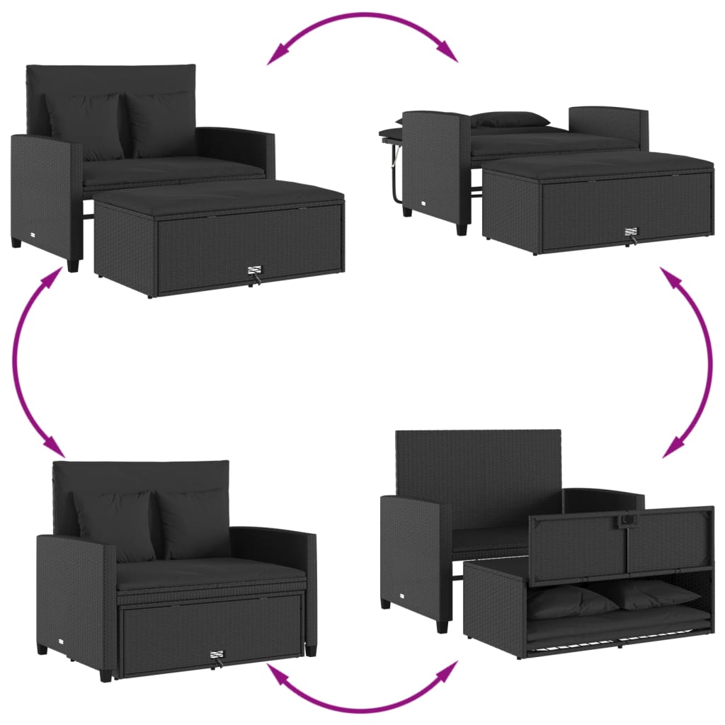 Tuinbank 2-Zits Met Kussens Poly Zwart Rattan