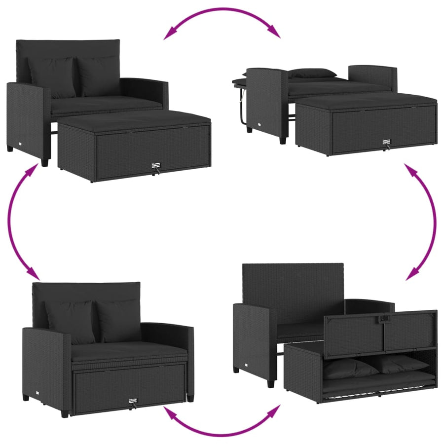Tuinbank 2-Zits Met Kussens Poly Zwart Rattan