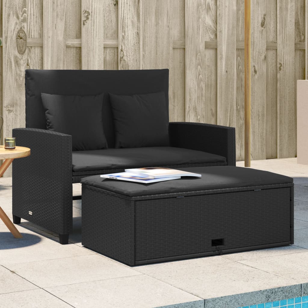 Tuinbank 2-Zits Met Kussens Poly Zwart Rattan