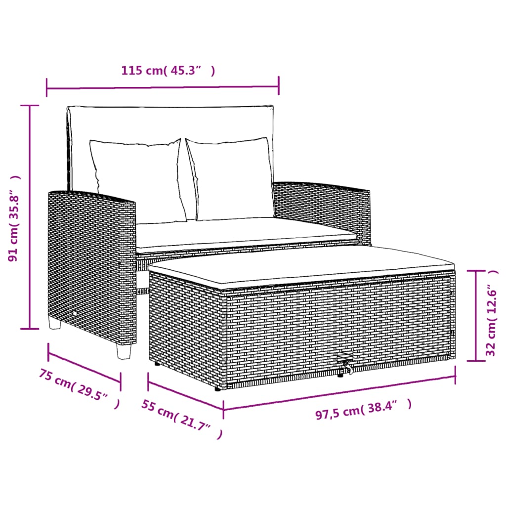 Tuinbank 2-Zits Met Kussens Poly Grijs Rattan