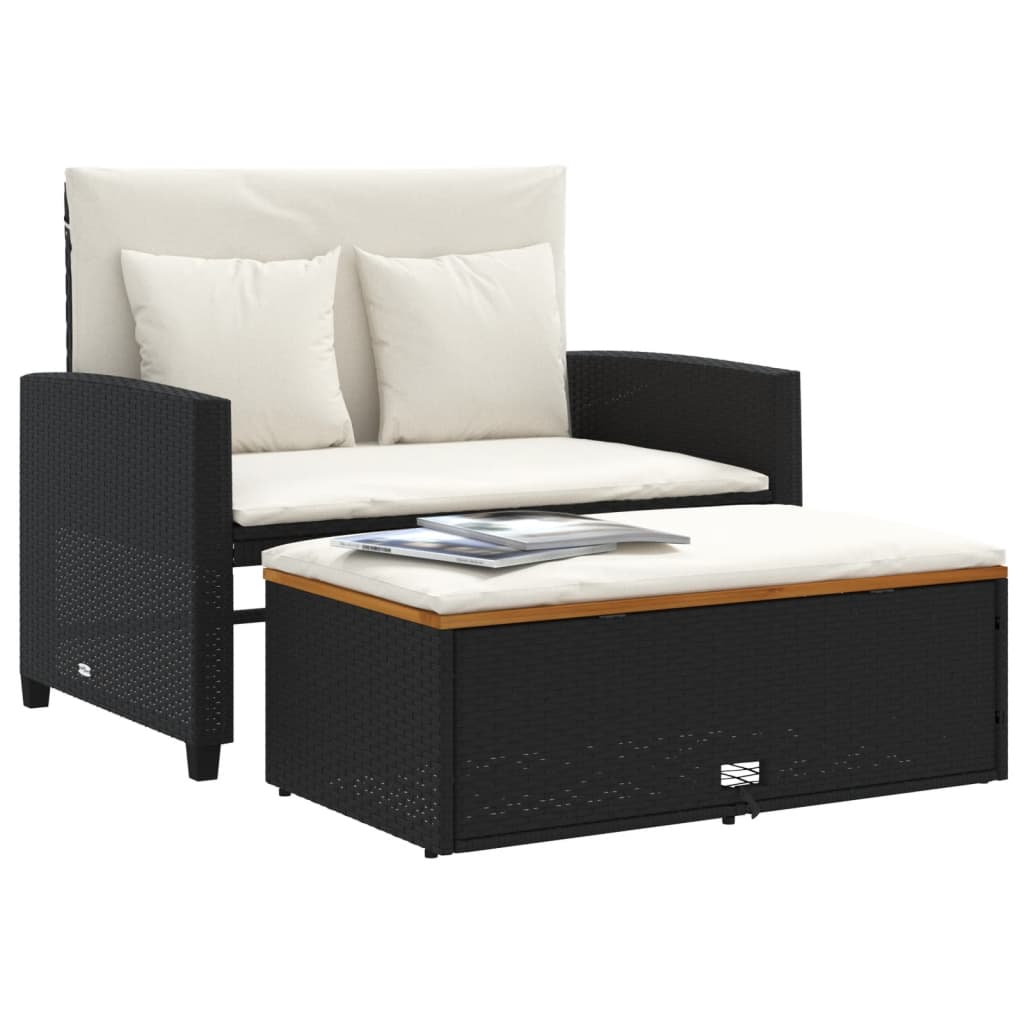 Tuinbank 2-Zits Met Kussens Poly Rattan En Acacia Zwart en crème Hout