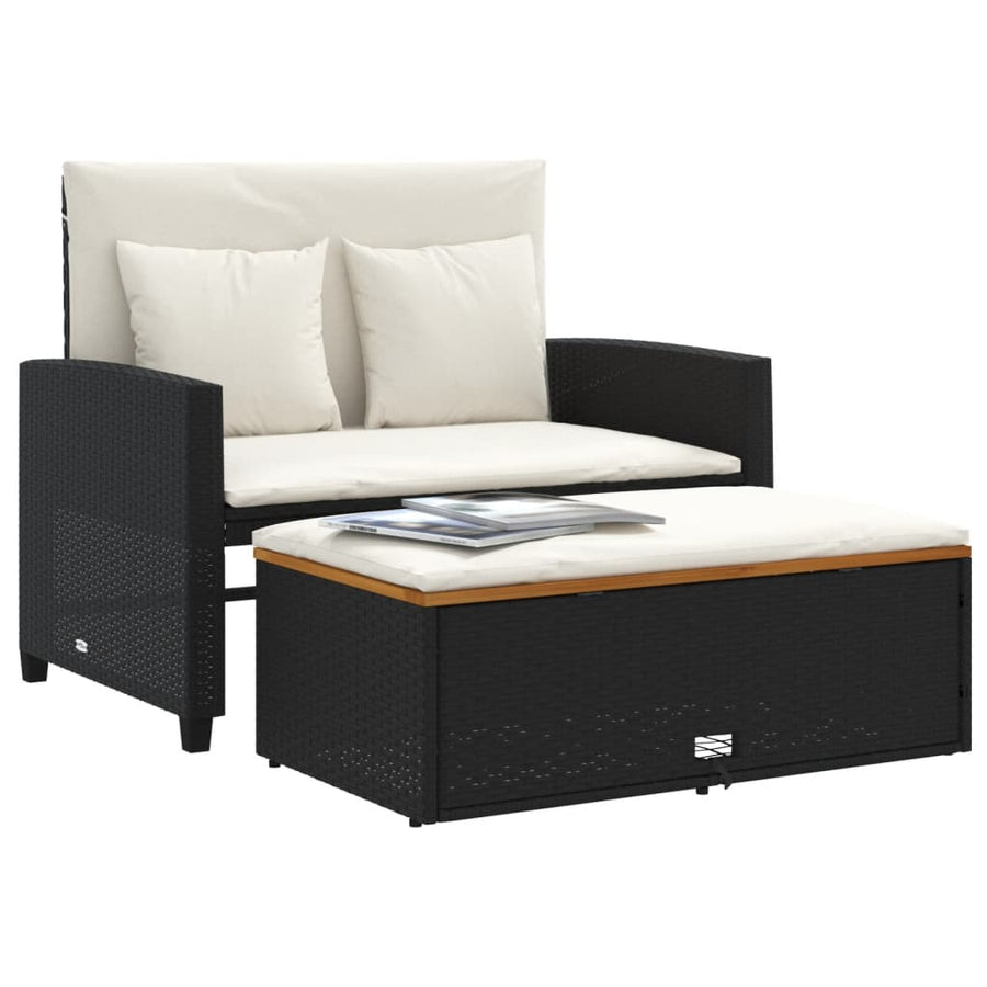 Tuinbank 2-Zits Met Kussens Poly Rattan En Acacia Zwart en crème Hout