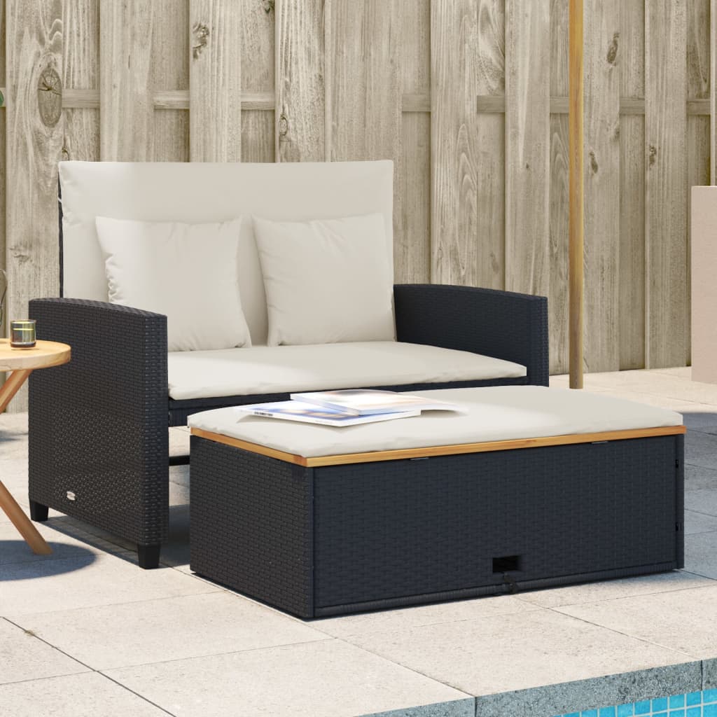 Tuinbank 2-Zits Met Kussens Poly Rattan En Acacia Zwart en crème Hout