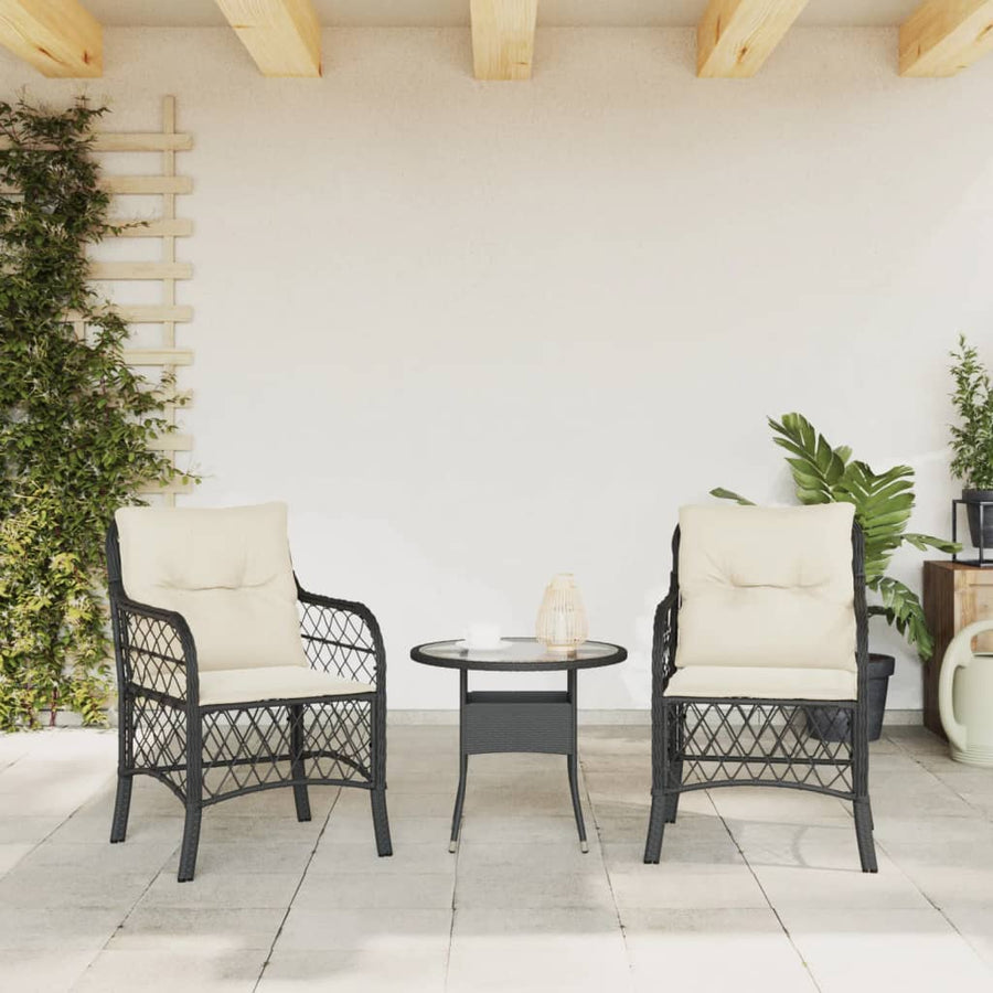 Tuinstoelen 2 st met kussens poly rattan zwart Zwart en crème Lijngeweven