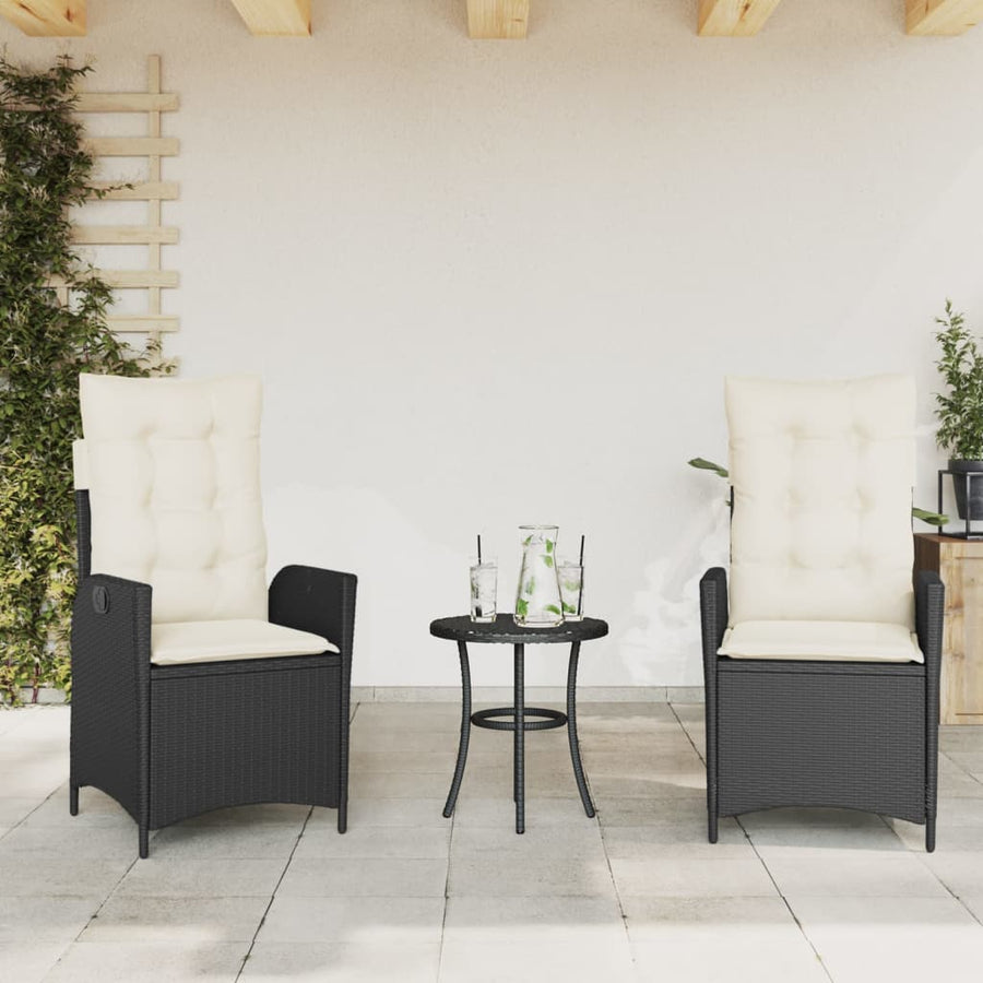 3-delige Bistroset met kussens poly rattan zwart