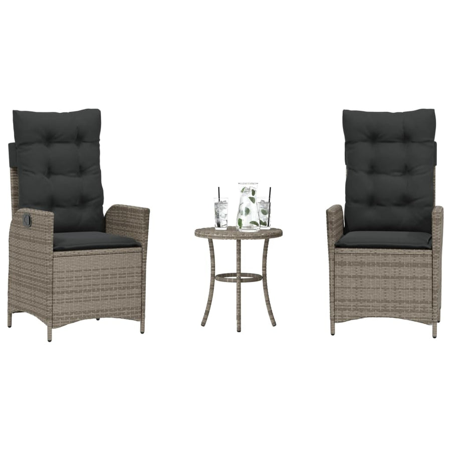 3-delige Bistroset met kussens poly rattan grijs