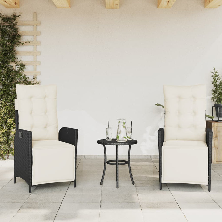3-delige Bistroset met kussens poly rattan zwart