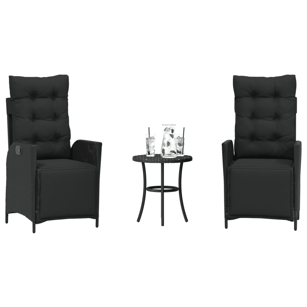 3-delige Bistroset met kussens poly rattan zwart