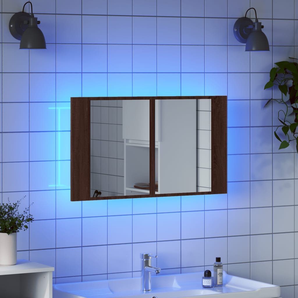 Badkamerkast Met Spiegel Led 80X2X45 Acryl Bruineikenkleurig bruin eikenkleur