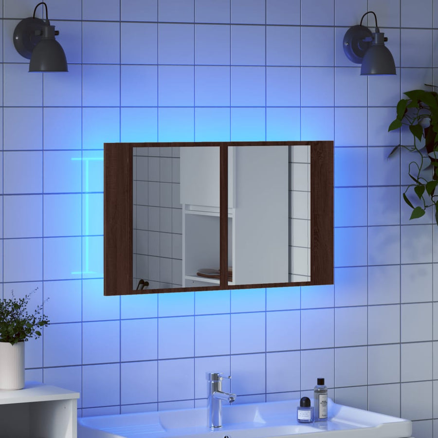 Badkamerkast Met Spiegel Led 80X2X45 Acryl Bruineikenkleurig bruin eikenkleur