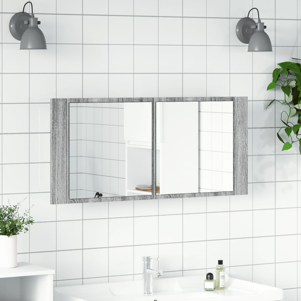 Badkamerkast met spiegel en LED 100x12x45 cm grijs sonoma eiken