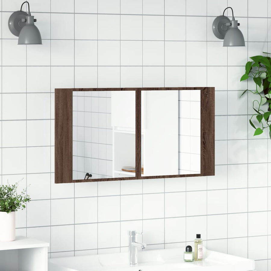 Badkamerkast Met Spiegel En Led 90X2X45 Acryl Bruineikenkleur bruin eikenkleur