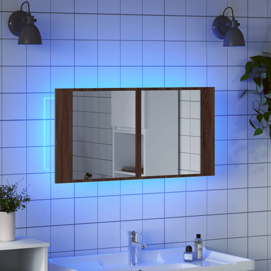 Badkamerkast Met Spiegel En Led 90X2X45 Acryl Bruineikenkleur bruin eikenkleur