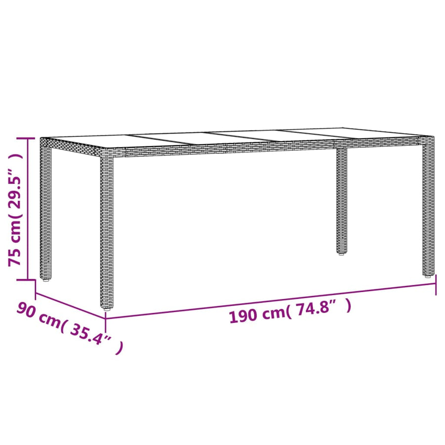 Tuintafel met glazen blad 190x90x75 cm poly rattan beige