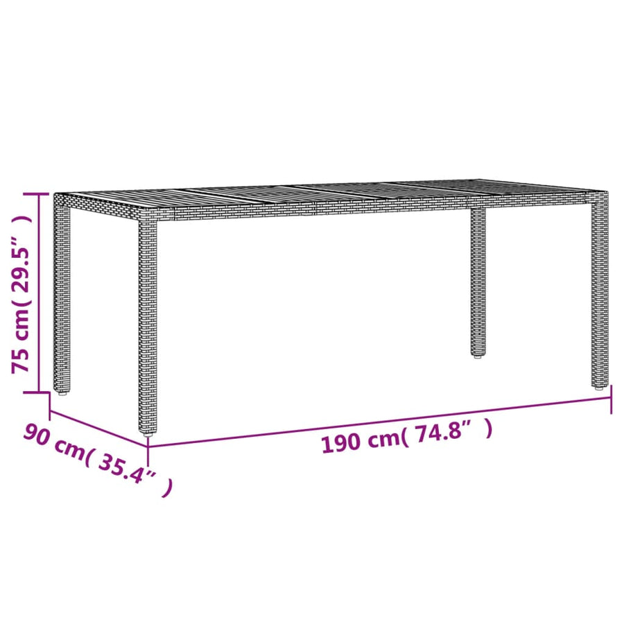 Tuintafel met acaciahouten blad 190x90x75 cm poly rattan grijs