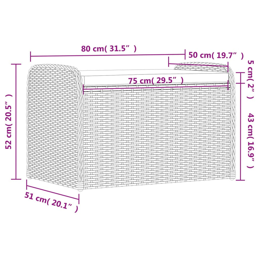 Opbergbankje Met Kussen Poly Rattan Zwart 80 x 51 x 52 cm