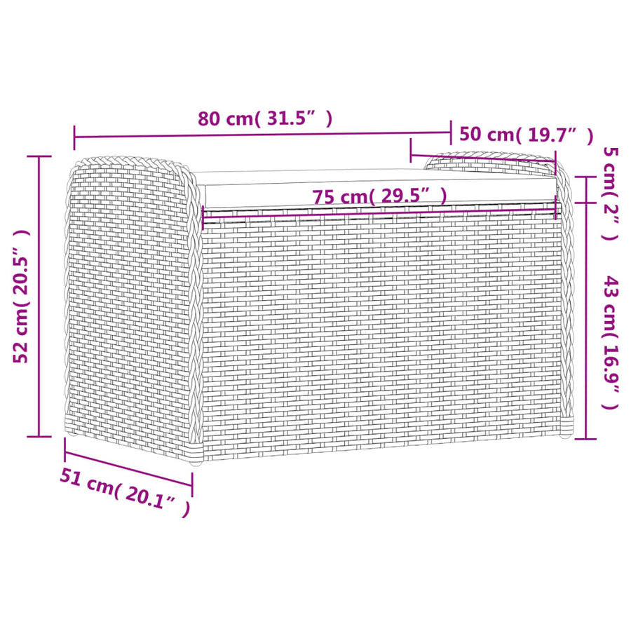 Opbergbankje Met Kussen Poly Rattan 80 x 51 x 52 cm Grijs
