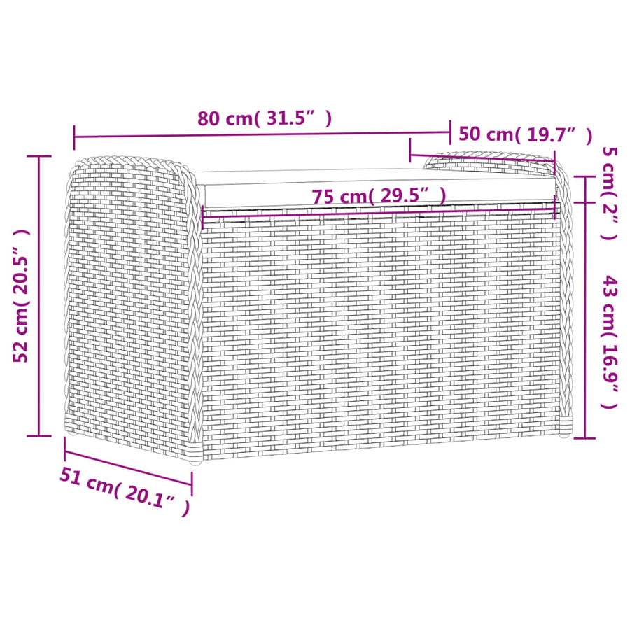 Opbergbankje Met Kussen Poly Rattan Bruin 80 x 51 x 52 cm