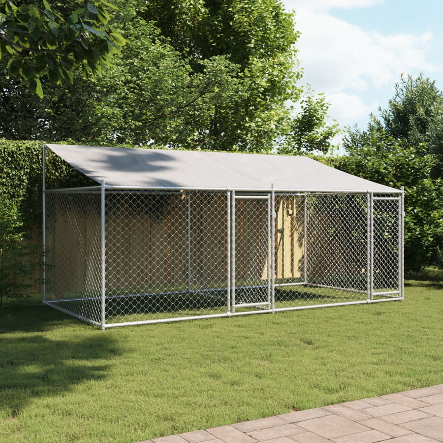 Hondenhok Met Dak En Deuren Gegalvaniseerd Staal Grijs 4 x 2 x 2 m 2 deuren