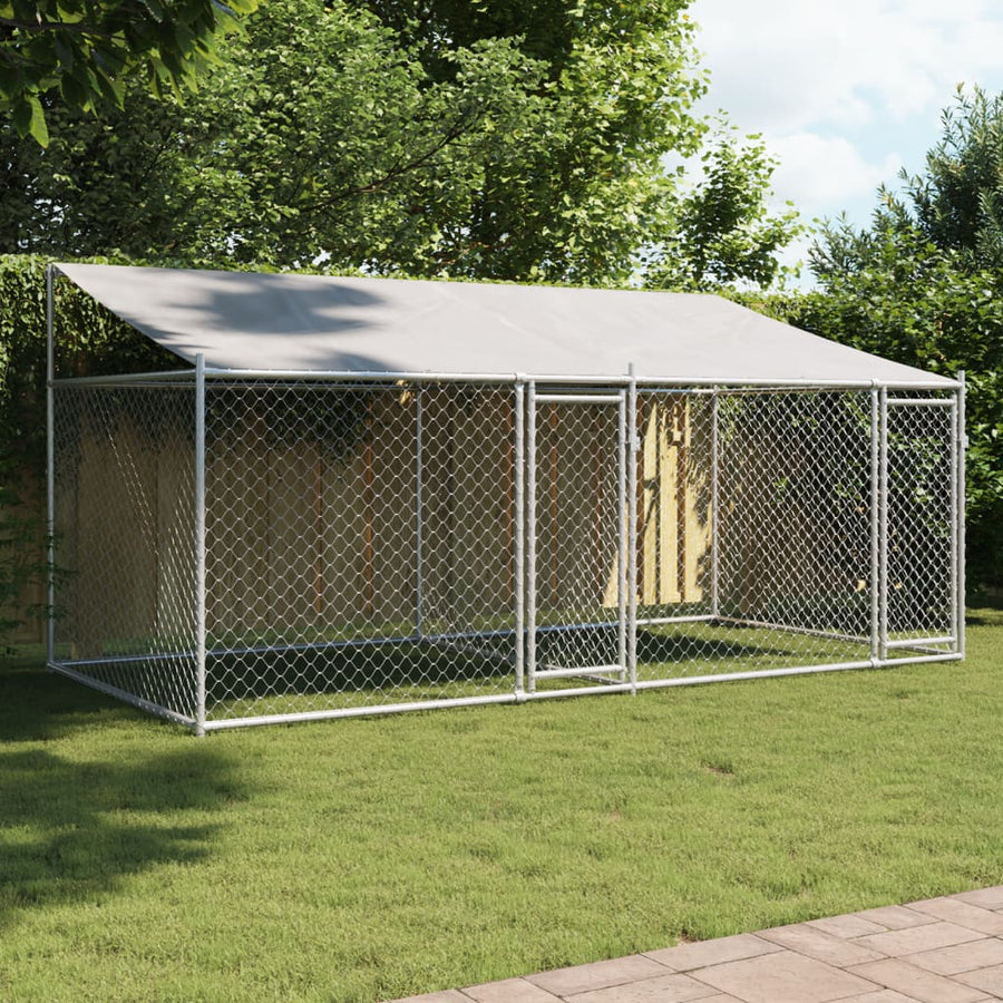 Hondenhok Met Dak En Deuren Gegalvaniseerd Staal Grijs 4 x 2 x 2 m 2 deuren