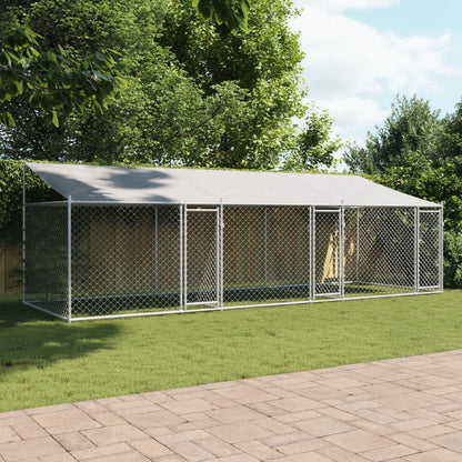 Hondenhok Met Dak En Deuren Gegalvaniseerd Staal Grijs 6 x 2 x 2 m 3 deuren
