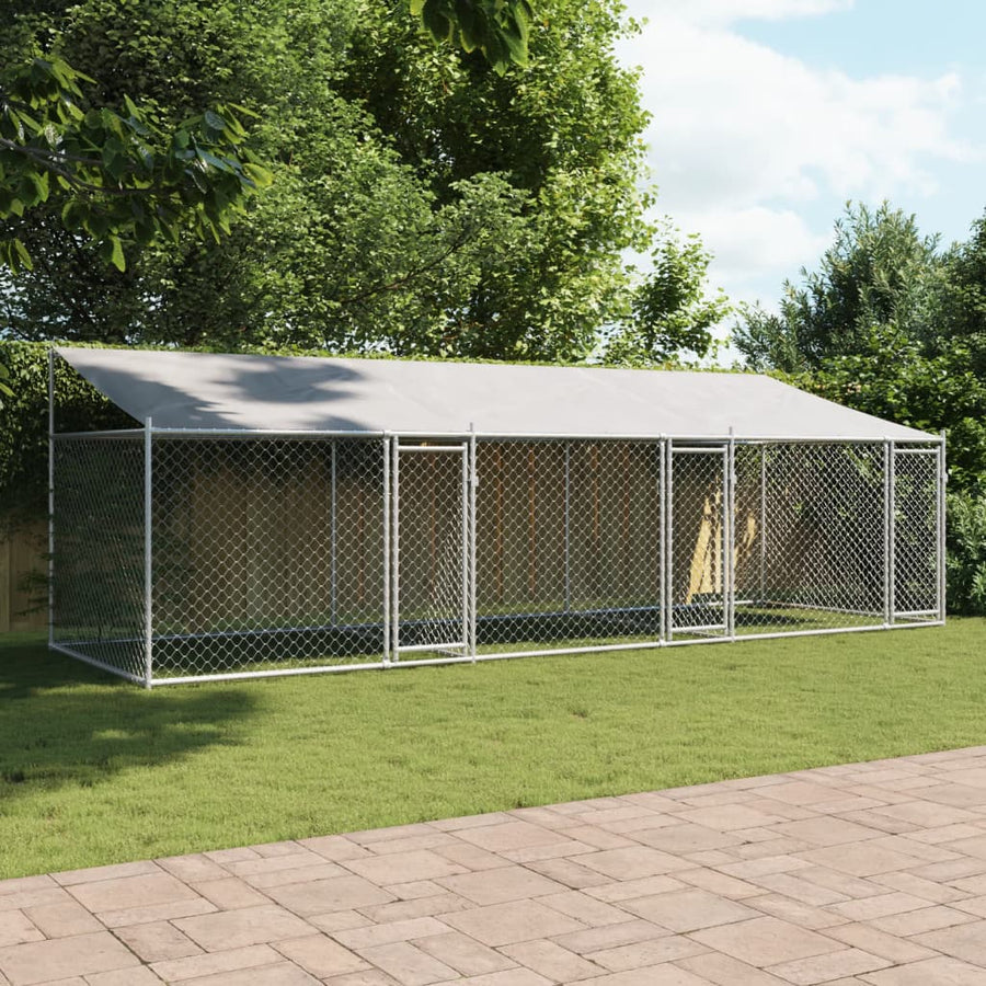 Hondenhok Met Dak En Deuren Gegalvaniseerd Staal Grijs 6 x 2 x 2 m 3 deuren