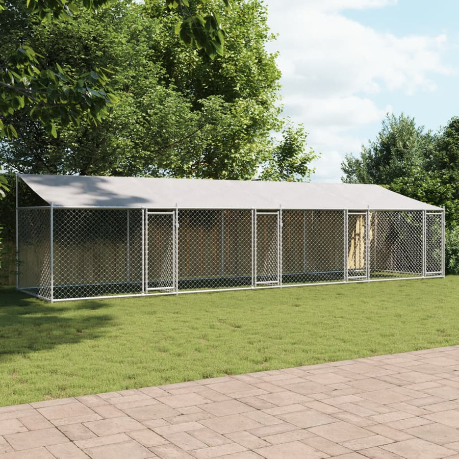 Hondenhok Met Dak En Deuren Gegalvaniseerd Staal Grijs 8 x 2 x 2 m 3 deuren